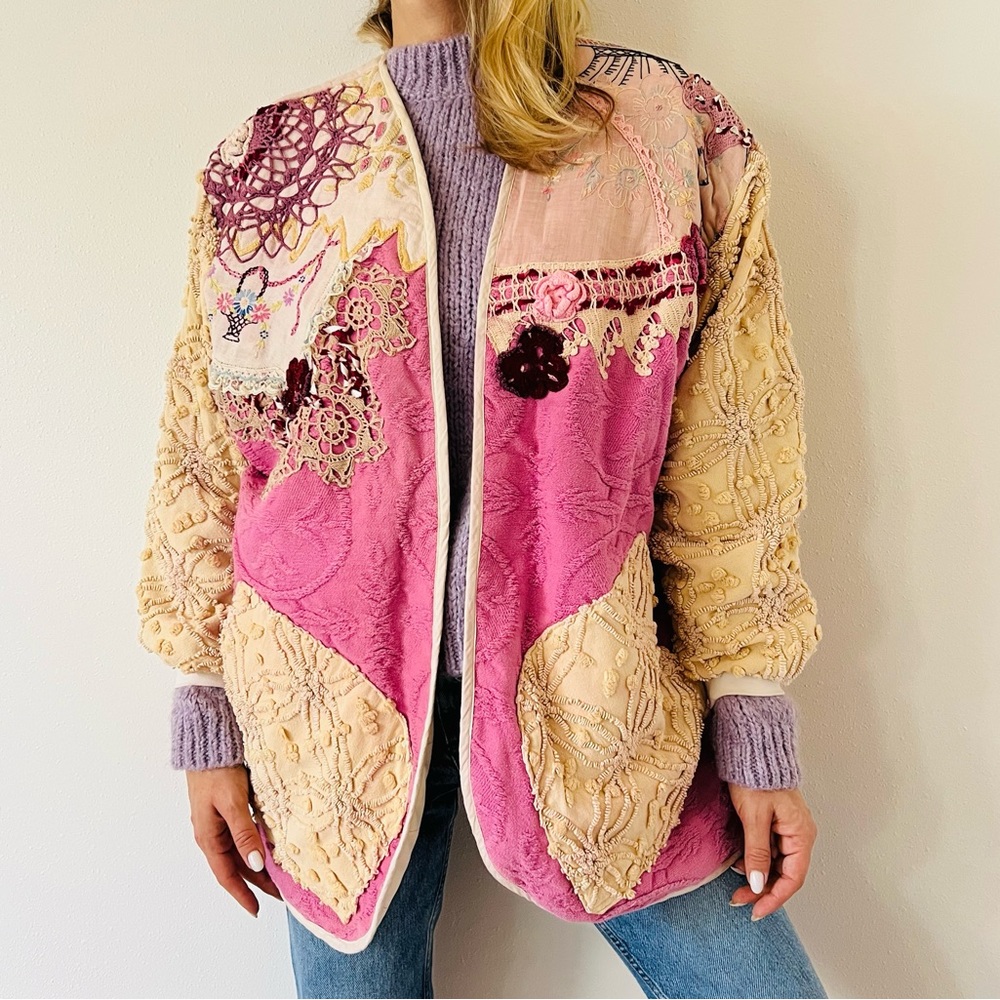 Vintage Patchwork Jacket coat cardigan crochet boho Embroidered oversized - Picture 2 of 11